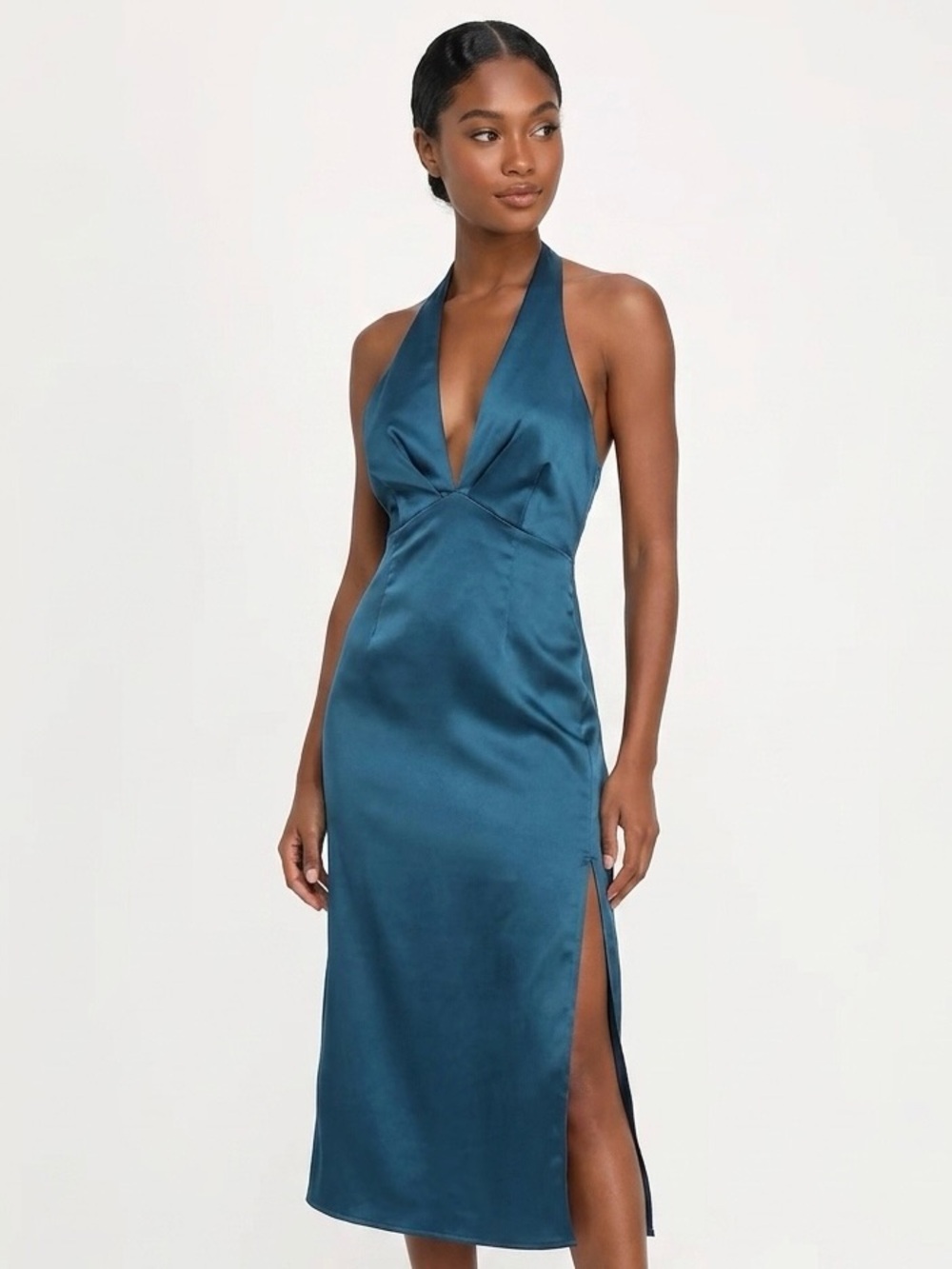 Lulu's, Teal Satin Halter Midi Dress - S